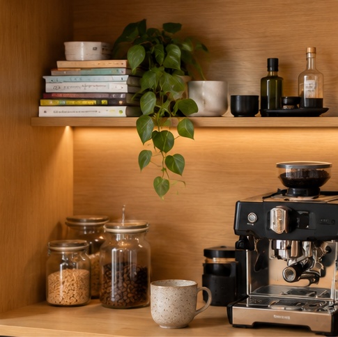 Een warme koffiehoek met planten en boeken
